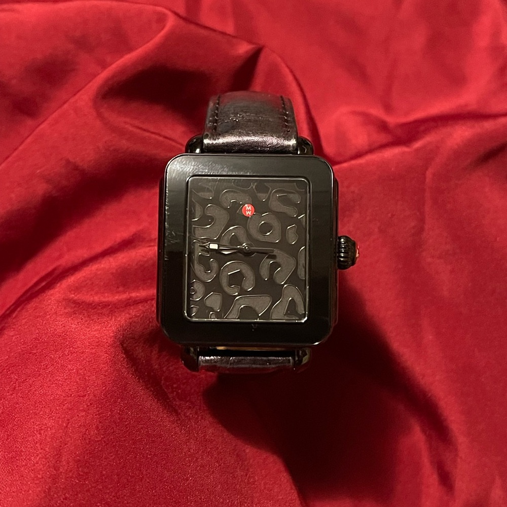 Michele Black Leopard Print Watch
